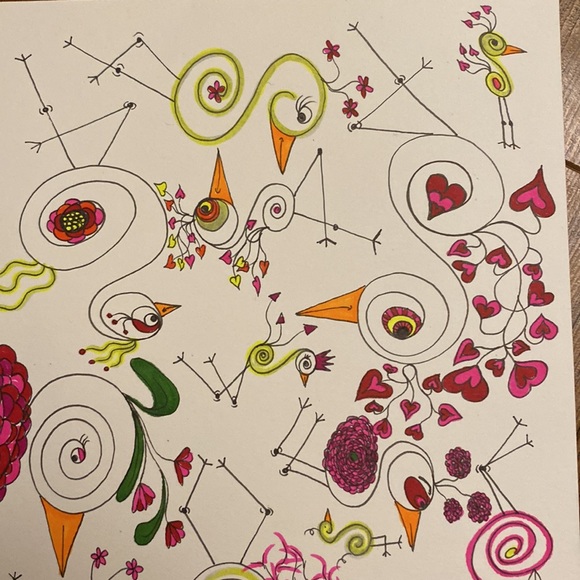 Unframed Original Art Cute Fun Drawing of Swirly Bids & 1 Hidden Chicken to Find - Picture 4 of 6